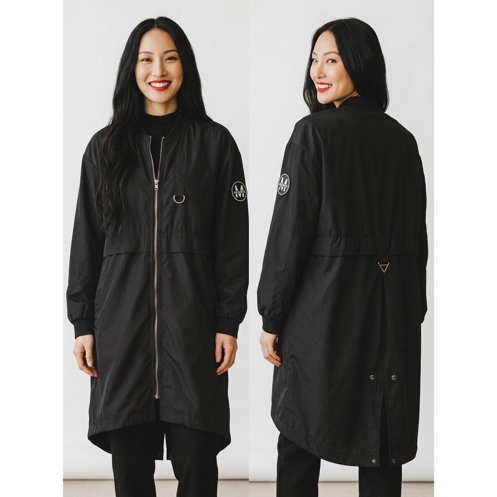 Marzo Black Longline Bomber Jacket Korean Fashion Zip Up Utility Parka Pocket. M